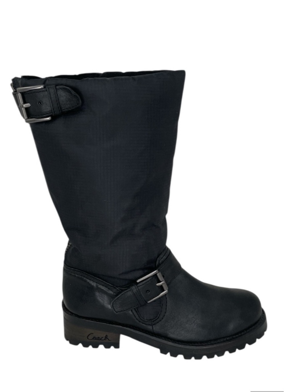 Coach Women's Black Boots Betsie Mid Calf Leather Nylon Lug Sole Size 6.5 - Picture 1 of 11